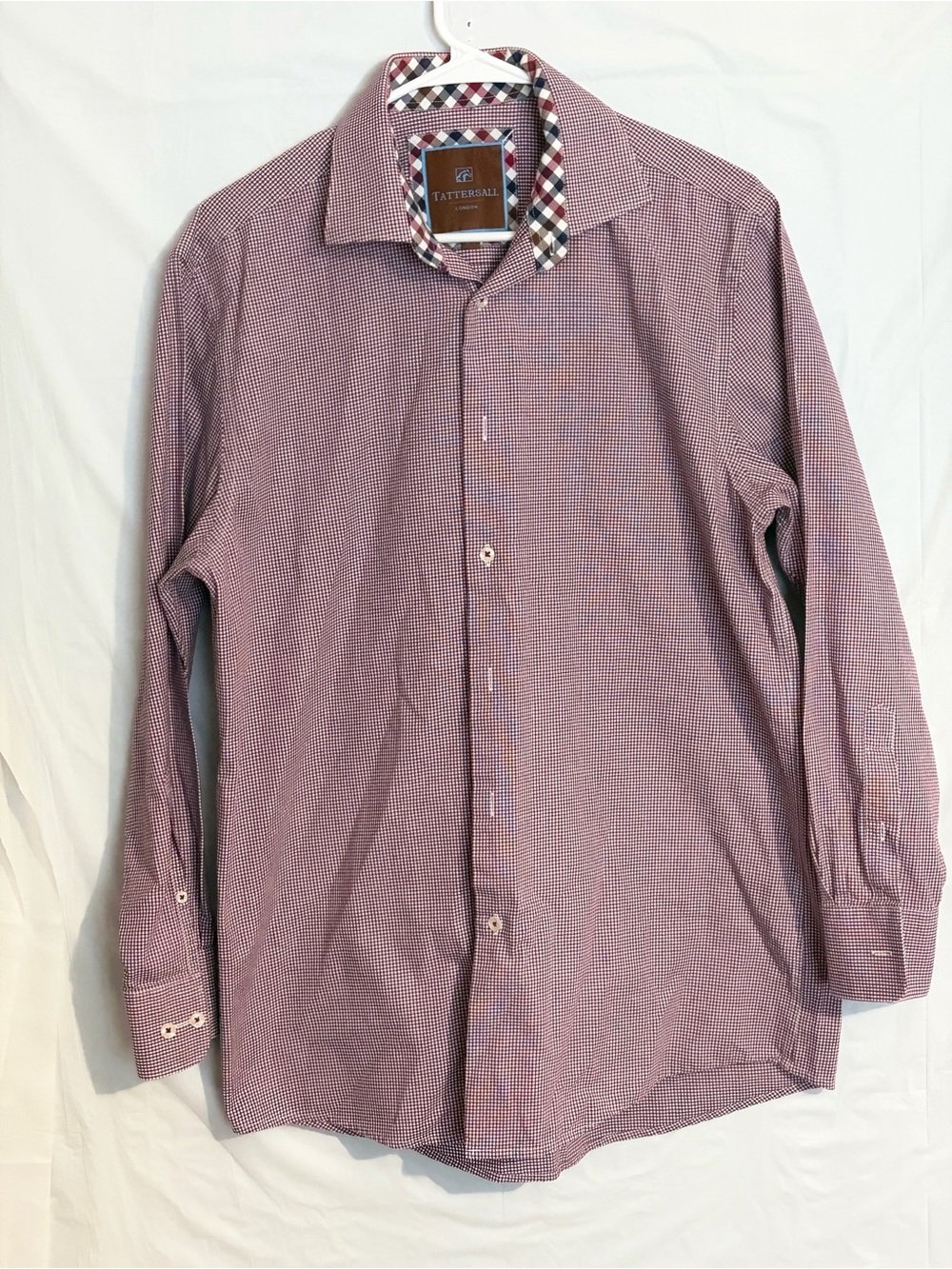 Men's Long-Sleeve Burgundy Micro-Check Dress Shirt Tattersall London